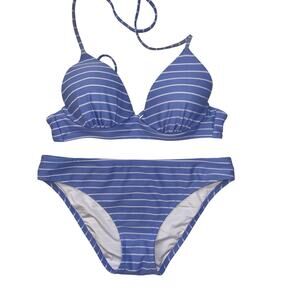 Shade & Shore, Large & 34C, Light Blue with White Stripes, Bikini Set EUC